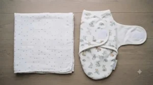 Diagram showing square receiving blanket versus a winged-shape swaddle blanket.