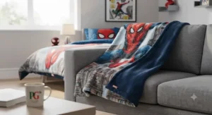 A reversible Spider-Man throw blanket displayed on a sofa, showing a bold comic book graphic.