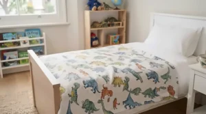 Full view of a reversible children's dinosaur blanket featuring cartoon T-Rex and Stegosaurus illustrations.
