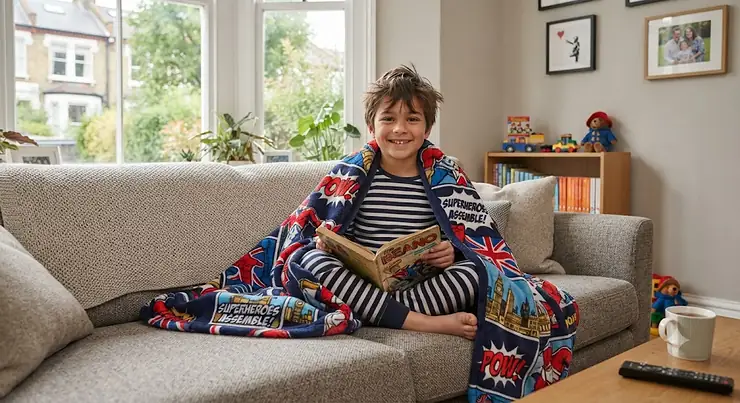 A happy young boy sitting on a grey sofa, wrapped in a colourful superhero blanket featuring Union Jacks and London icons, reading a Beano comic. superhero blanket for boys