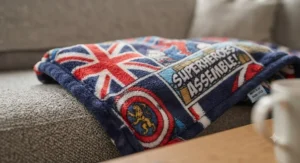 A detailed close-up highlighting the plush fleece texture and vibrant Union Jack and comic book pattern of the superhero blanket, including the stitched UK-made tag.