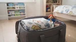 Lightweight dinosaur blanket folded neatly for travel, car journeys, or use in a pushchair.