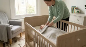 An infographic overlay on the cellular cot blanket texture, illustrating key UK safe sleeping guidelines including 'Back to Sleep' and 'Feet to Foot'.