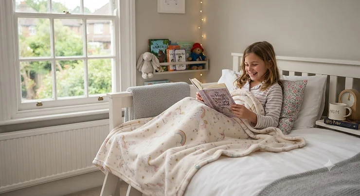 A cosy pink unicorn blanket draped over a child's bed in a bright bedroom, perfect for keeping girls warm. unicorn blanket for girls