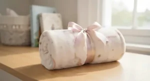 A rolled-up children's unicorn blanket tied with a pretty satin ribbon, ideal as a birthday gift.