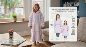 Rear view of a child wearing a long unicorn hooded blanket that cascades down to their ankles for ultimate warmth.