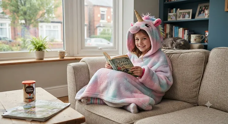 A child wrapped in a cosy unicorn hooded blanket with a plush pastel mane and golden horn, relaxing on a sofa. unicorn hooded blanket