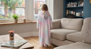Close-up of the deep front kangaroo pocket on a plush unicorn hooded blanket, perfect for keeping hands warm.