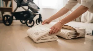 A versatile pram blanket for winter securely attached to a standard pushchair frame.