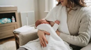 A parent using a versatile receiving blanket as a discreet breastfeeding cover.