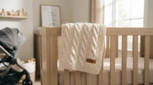 A multi-use pram blanket for winter that doubles as a comfortable car seat cover or nursery throw.