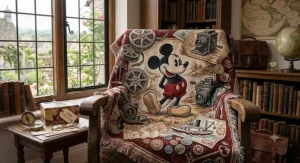 Retro-style classic Mickey Mouse illustration on a throw blanket.