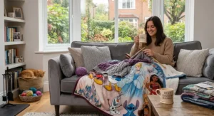 Person relaxing on an armchair tucked under a warm, festive-themed Disney blanket.