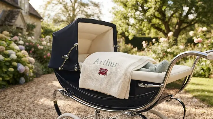 A warm, personalised baby blanket with name tucked securely into a pushchair for a chilly walk. personalised baby blanket with name