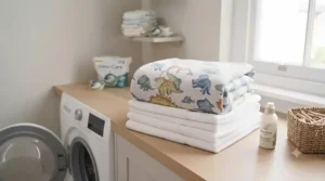 Durable, machine-washable dinosaur blanket for boys folded neatly on top of clean laundry.