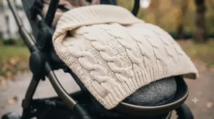 A water-resistant pram blanket for winter protecting a baby from light rain and wind.