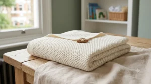 A neatly folded white cotton cellular blanket showing the signature weave pattern.
