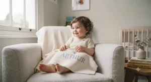 A cosy, heavyweight knitted personalised blanket keeping a baby warm on a chilly day.