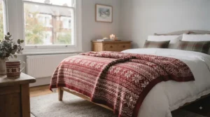 A close-up of a festive throw under £25 showing textured woven fabric and winter tassel details.