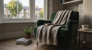 A cosy thermal blanket draped over an armchair, suitable for year-round temperature regulation in British homes.