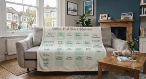 A personalised baby milestone blanket with custom name and date text, laid out in a neutral nursery setting.