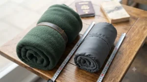 Flat lay comparison showing a bulky fleece throw versus a sleek, rolled-up lightweight travel blanket to highlight compact storage.