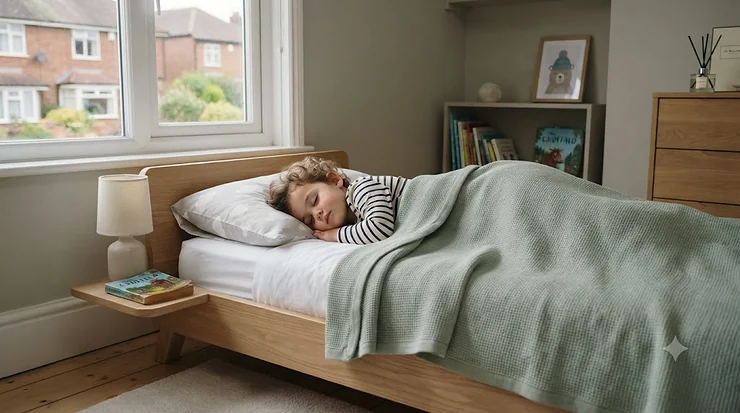 Toddler sleeping comfortably under a breathable cotton blanket in a modern UK nursery, representing the best toddler bed blanket for all-season use. best toddler bed blanket