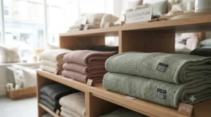 An inviting display of various coloured lightweight blankets under £20 arranged neatly on retail shelving in a bright, modern shop.