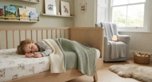 Close-up of breathable cotton fabric on a lightweight nursery nap blanket, ideal for sensitive baby skin.