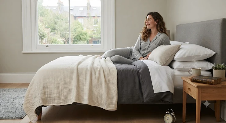 A lightweight, breathable blanket for hot sleepers draped over a neatly made bed in a bright British bedroom, highlighting its cooling fabric texture. breathable blanket for hot sleepers
