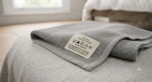 Care label and washing instructions showing that the moisture-wicking blanket is machine washable at home.