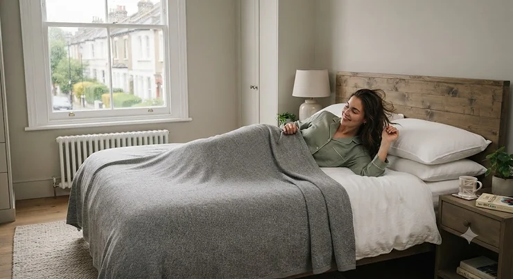 A high-end breathable cooling blanket laid over a bed, designed to help with night sweats and temperature regulation during warm UK nights. moisture wicking blanket for night sweats