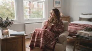 A neutral-toned winter throw draped over a wooden bench with fairy lights and seasonal foliage.