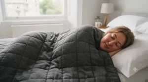 Peaceful nighttime bedroom setup highlighting how an affordable heavy blanket helps promote deep sleep and relaxation.