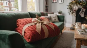 A stack of various patterned festive throws suitable for budget-conscious seasonal home makeovers.