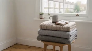Selection of budget-friendly bedroom blankets in neutral autumn tones stacked neatly