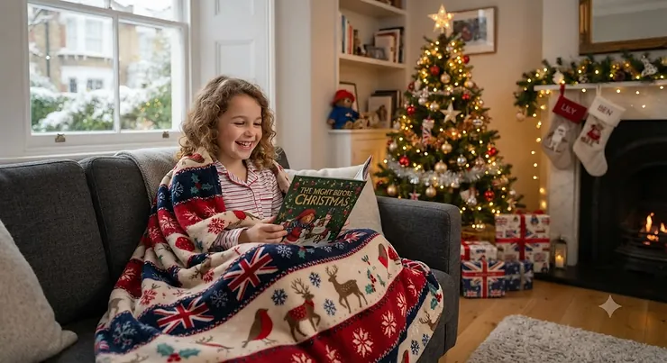 Cosy red Christmas blanket for kids draped over a child's bed in a festive British bedroom. Christmas blanket for kids