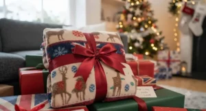 Wrapped Christmas blanket for kids tied with a red ribbon under a family tree.