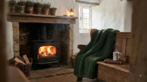 A grey chunky knit Christmas throw draped over a vintage fireside bench next to a crackling wood burner.