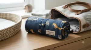 Compact foldable travel nap blanket for toddlers shown rolled up neatly inside a nursery changing bag or suitcase.