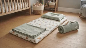 Complete nursery nap blanket and padded sleep mat set ready for preschool rest time.