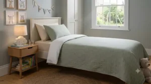 A lightweight summer bedspread used as a cool alternative to a heavy duvet during a heatwave