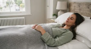 A person relaxing comfortably under a breathable cooling blanket designed to alleviate night sweats and hot flushes.