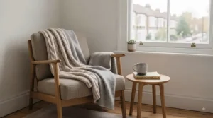 Affordable winter blanket draped over a bedroom armchair for a layered, warm interior look