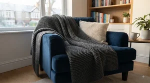 Cosy heavy winter blanket folded over a modern armchair in a British living room, ready for chilly autumn and winter evenings.