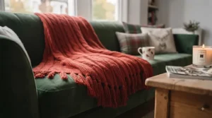 A plush winter blanket folded on a sofa, creating a warm festive look ideal for UK homes on a budget.