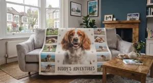 A cosy pet photo blanket printed with a cheeky dog portrait, folded on a rug.