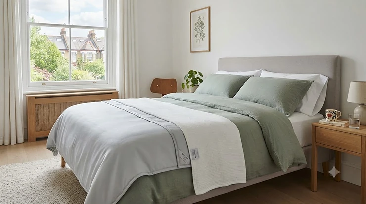 A luxurious double-sided cooling blanket draped across a modern British bed with breathable bamboo and crisp cotton layers. double-sided cooling blanket