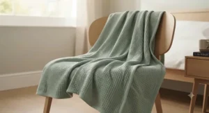 Soft, silky cooling blanket draped over a chair, highlighting its lightweight and fluid drape for restless sleepers.