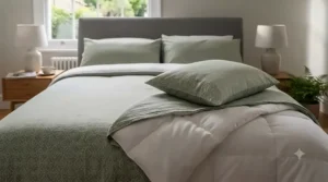 A neatly folded easy-wash summer bedspread resting on a wooden bedroom chair